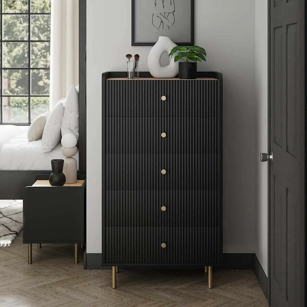 Black 5-drawer tallboy chest