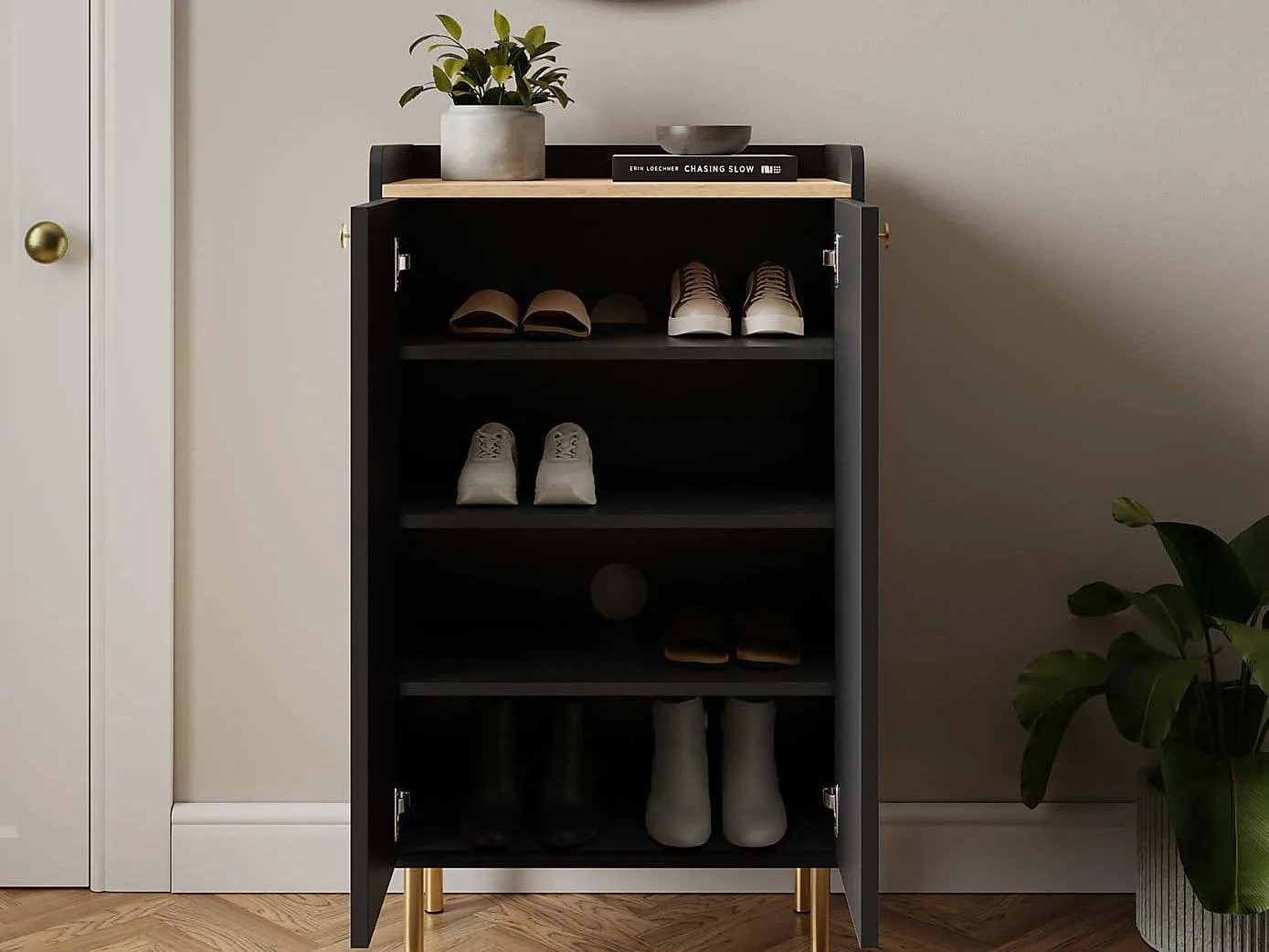Black show cabinet with 4 shelves