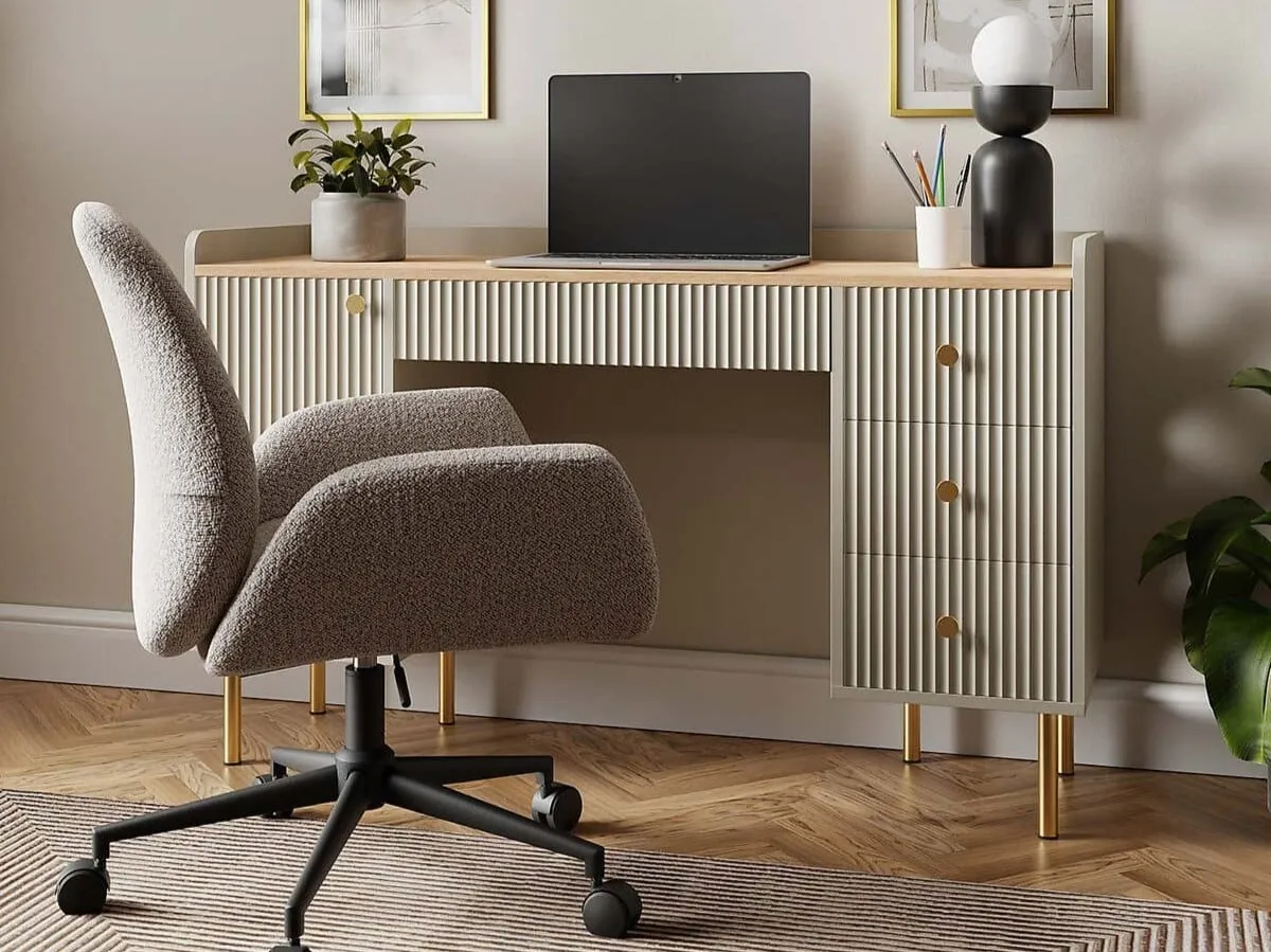 Natural finish ribbed desk with 3 drawers and a cupboard