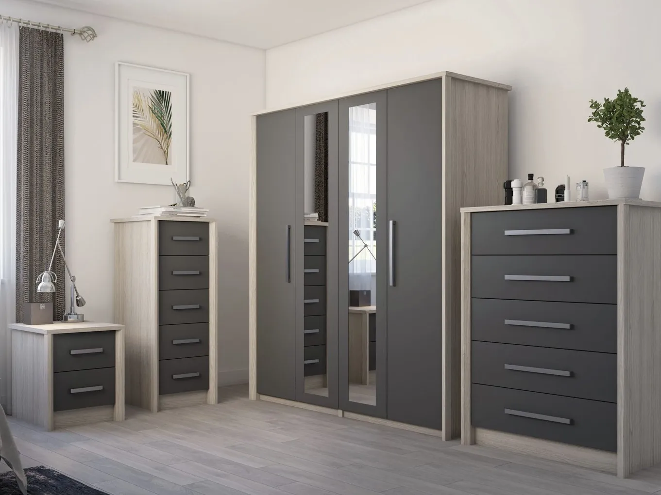 Grey oak surround bedroom furniture with dark brown doors and drawer fronts