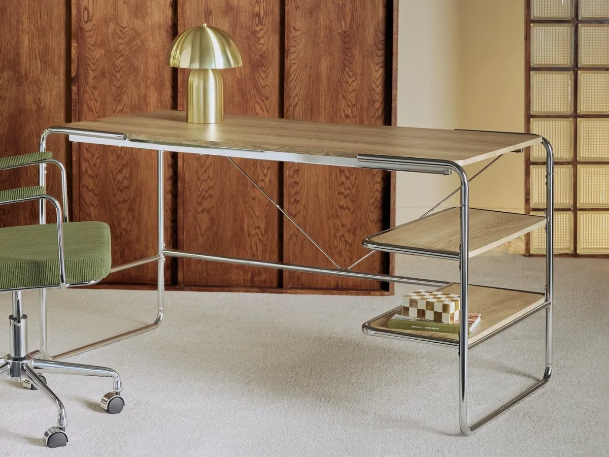 Chrome frame desk with oak finish shelves