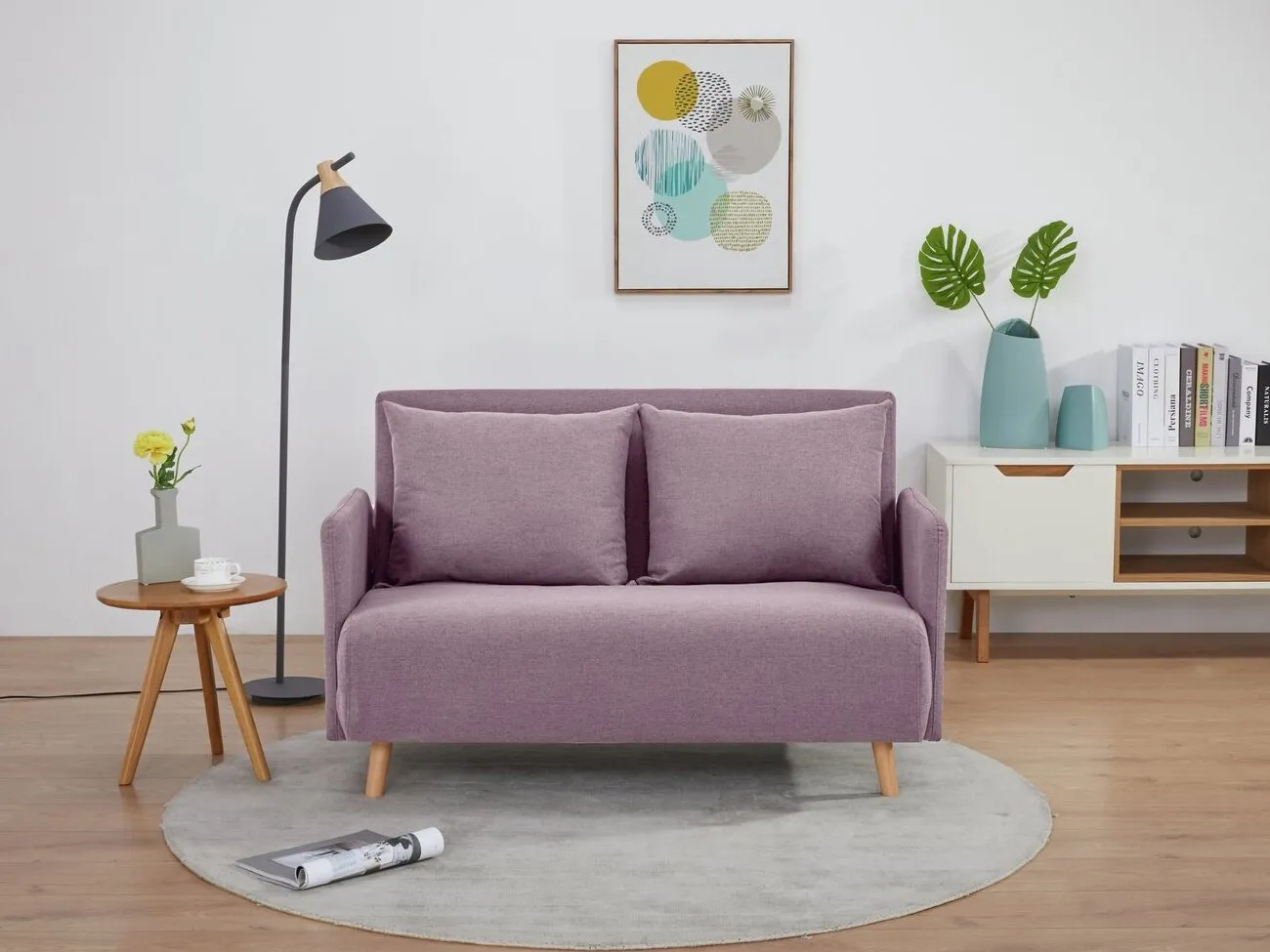 Purple fabric upholstered sofa bed