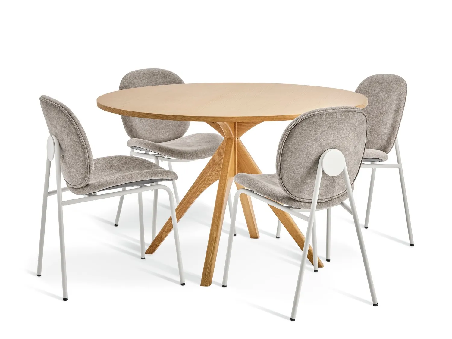 Round oak dining table and 4 upholstered chairs