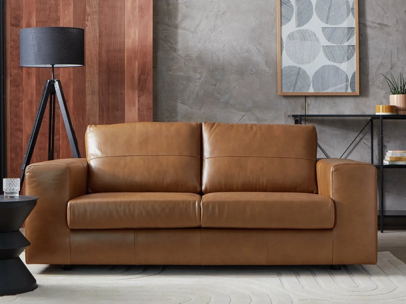 Blocky tan leather sofa