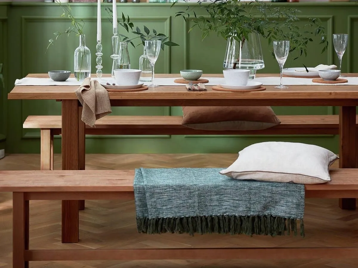 Solid pine dining table with a pair of matching benches