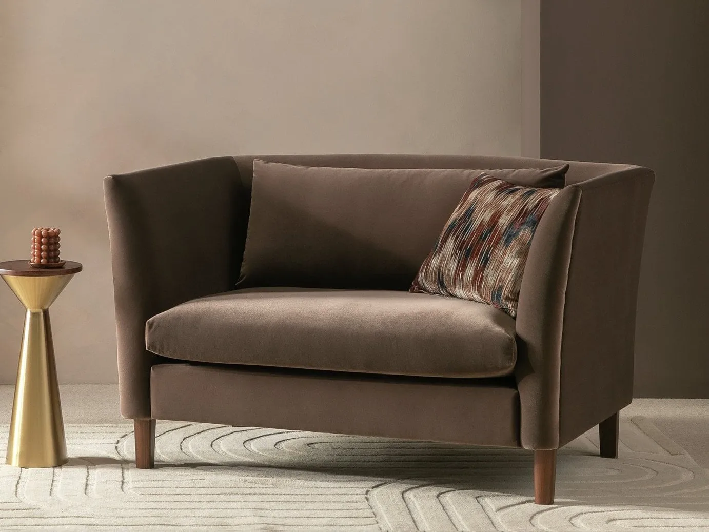 Brown velvet love seat armchair