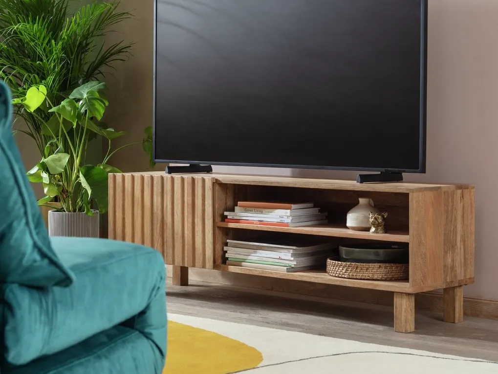 Mango wood TV unit with slatted door and open shelving