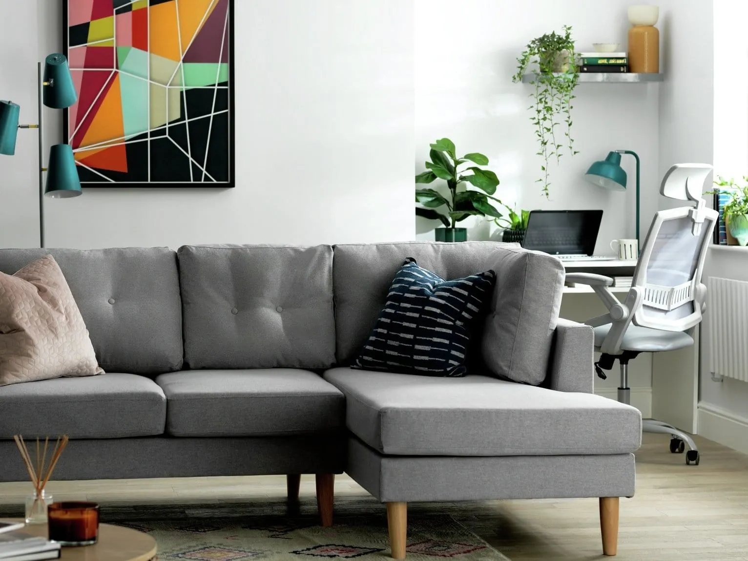 Grey fabric right handed corner sofa