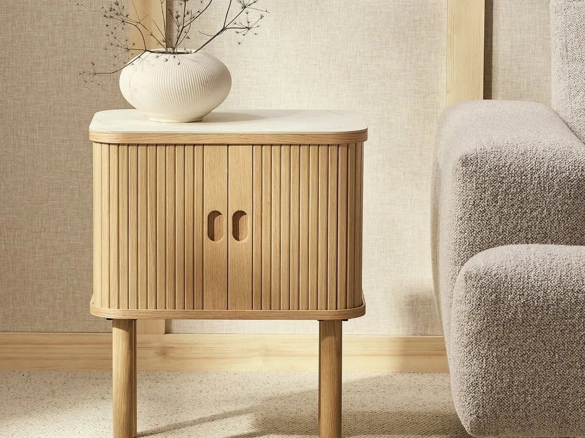 Oak side table with sliding doors and marble top