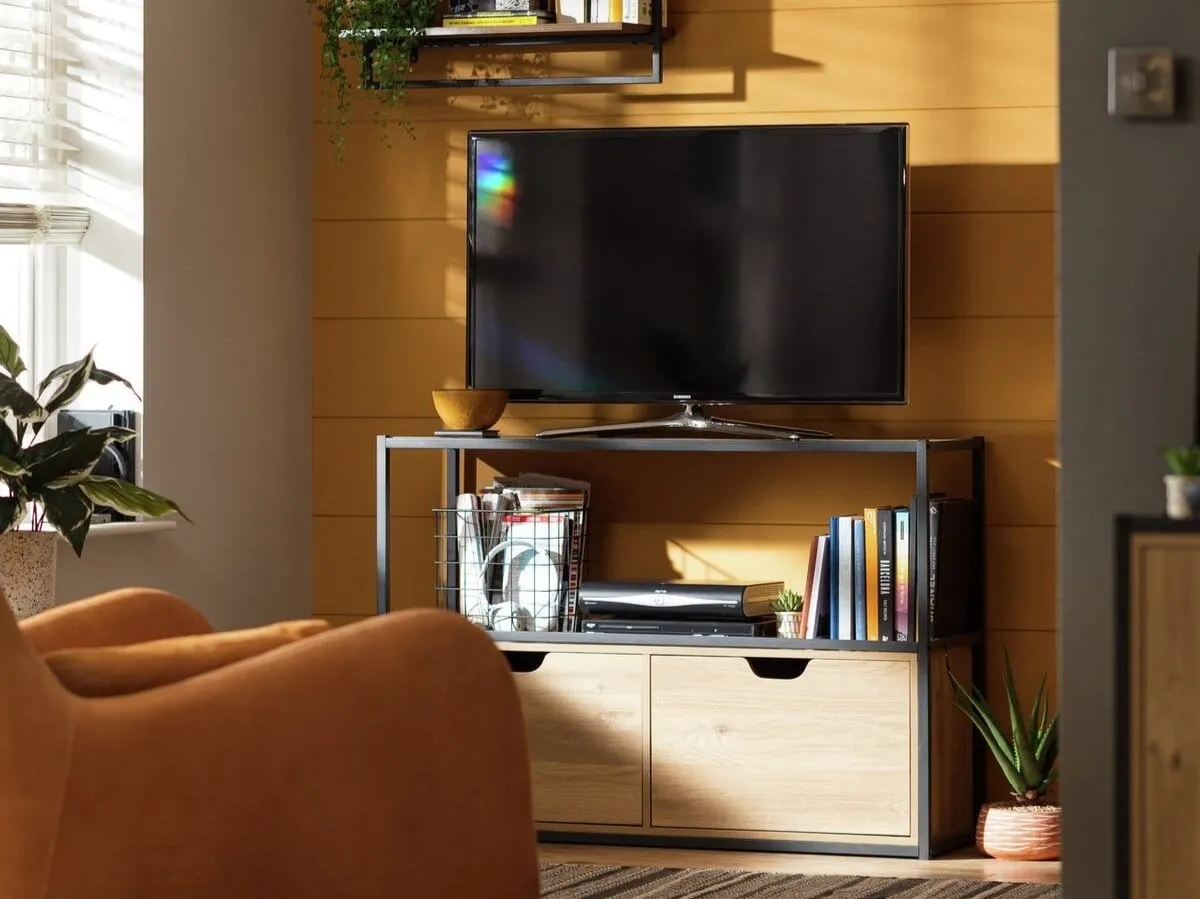 Industrial-style oak TV stand with black metal frame and two drawers