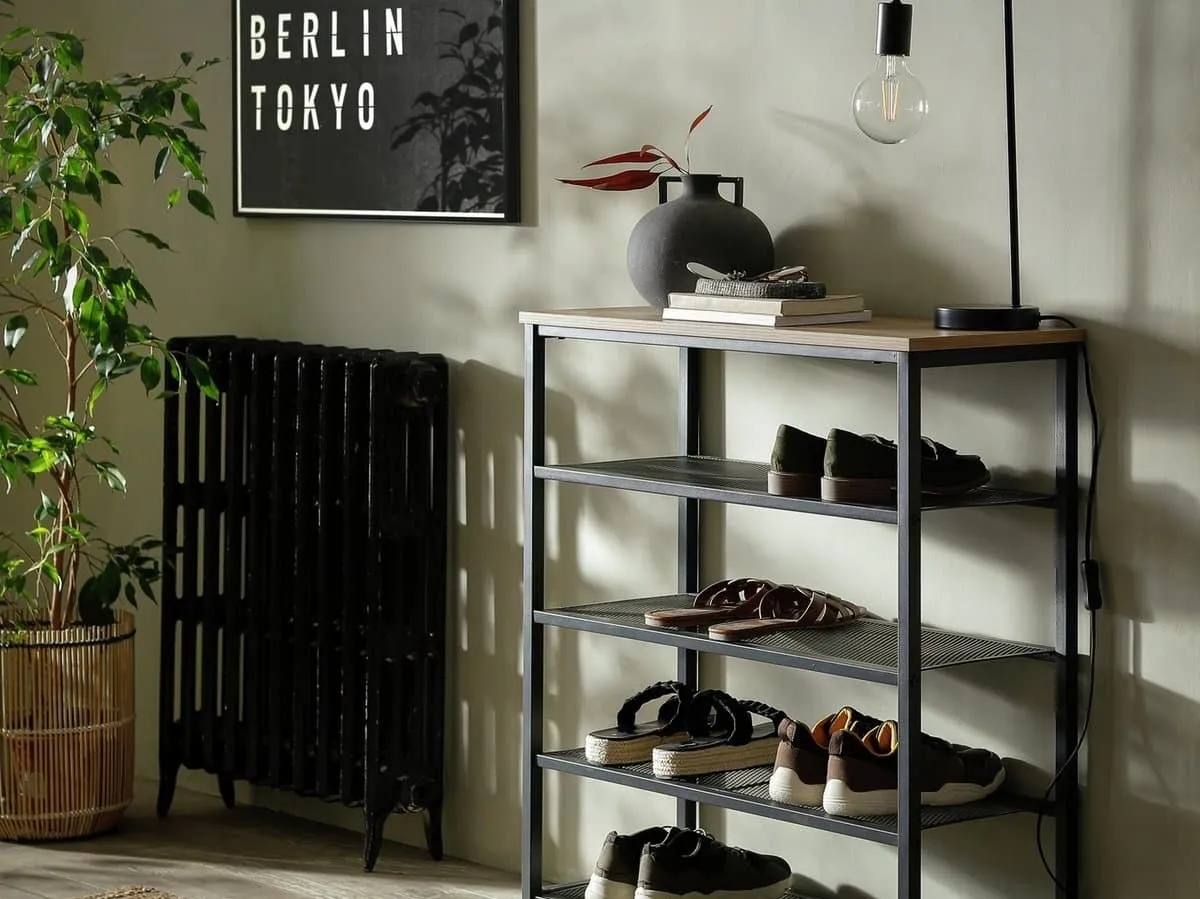 5-tier shoe rack with black metal frame and oak top