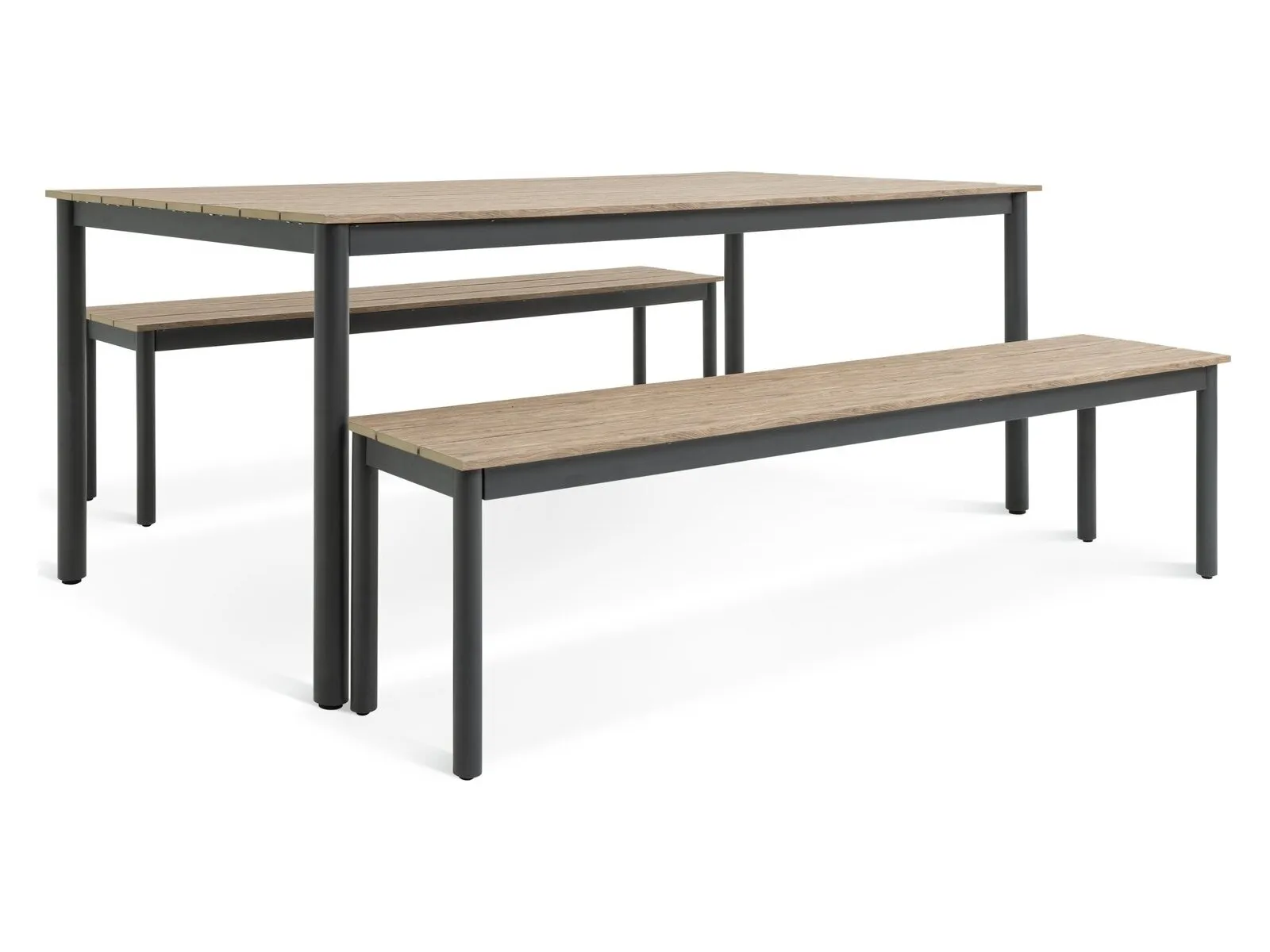 Outdoor dining table with wooden top and black metal frame with a pair of matching benches