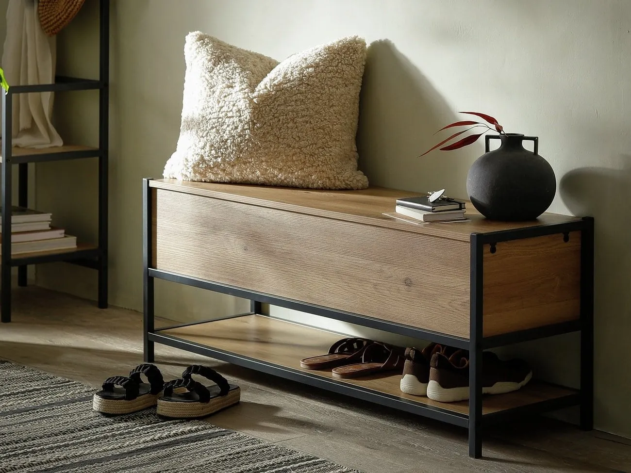 Oak hallway bench with black metal frame