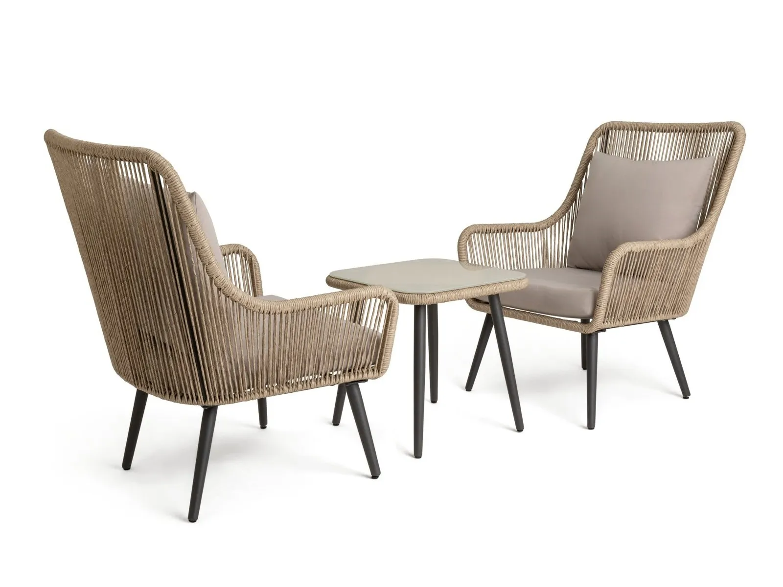 Pair of rattan lounging chairs and a small bistro table