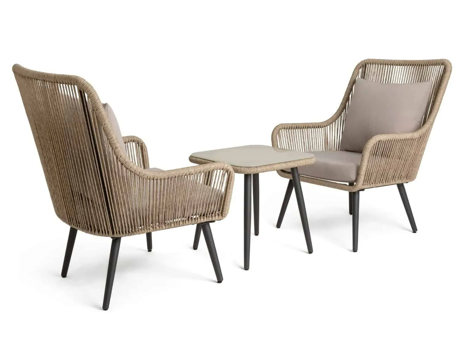 Pair of rattan lounging chairs and a small bistro table