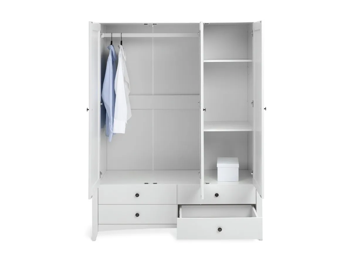 White 3-door wardrobe with 4 drawers and internal shelves