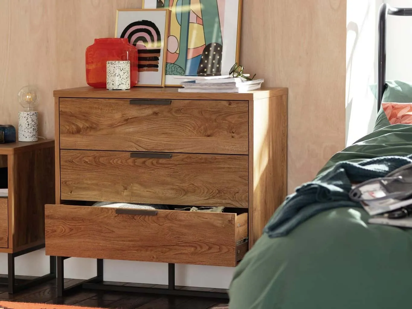 Industrial oak bedroom furniture with black metal legs and handles