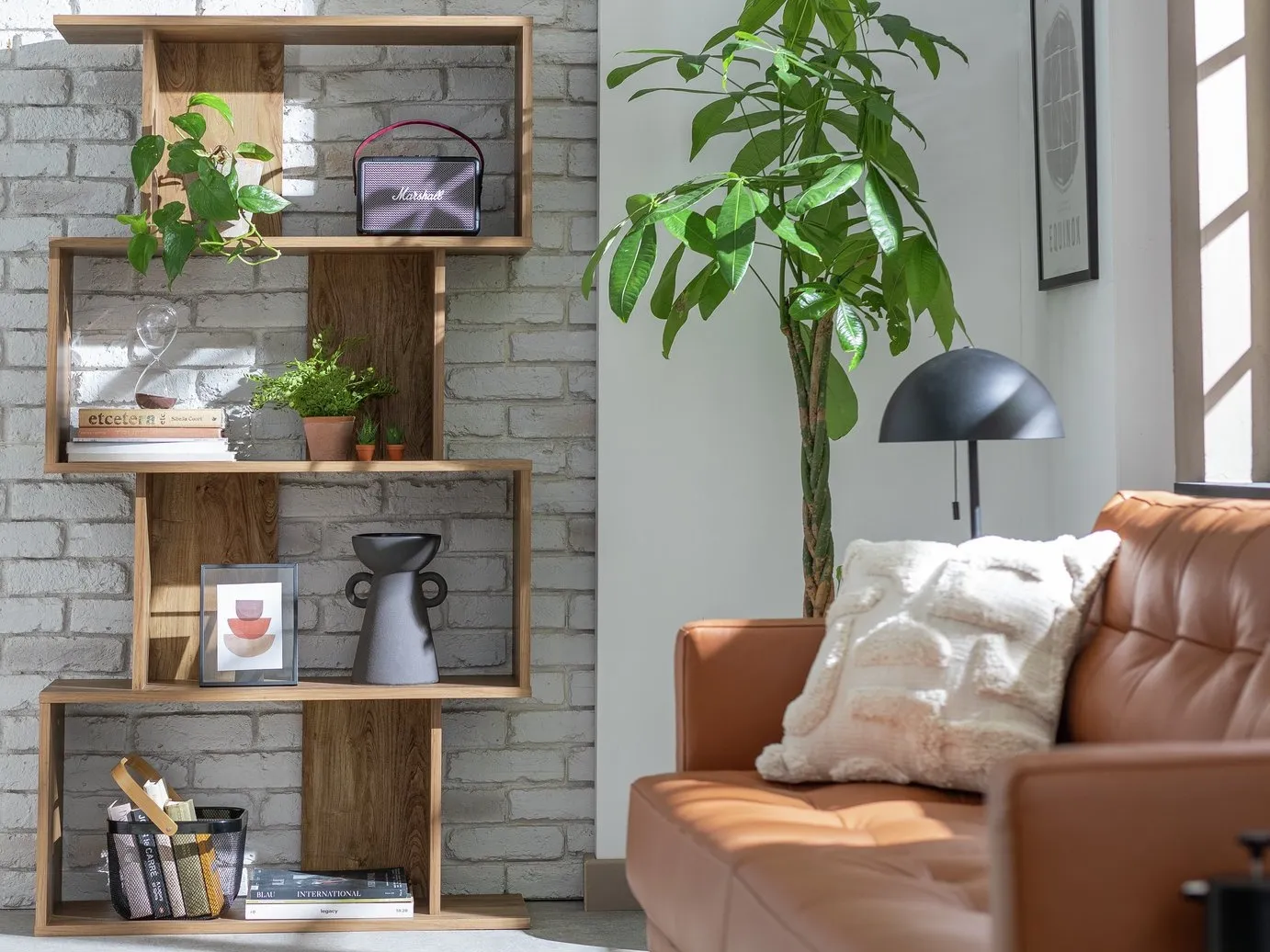 Offset-style bookcase with oak finish