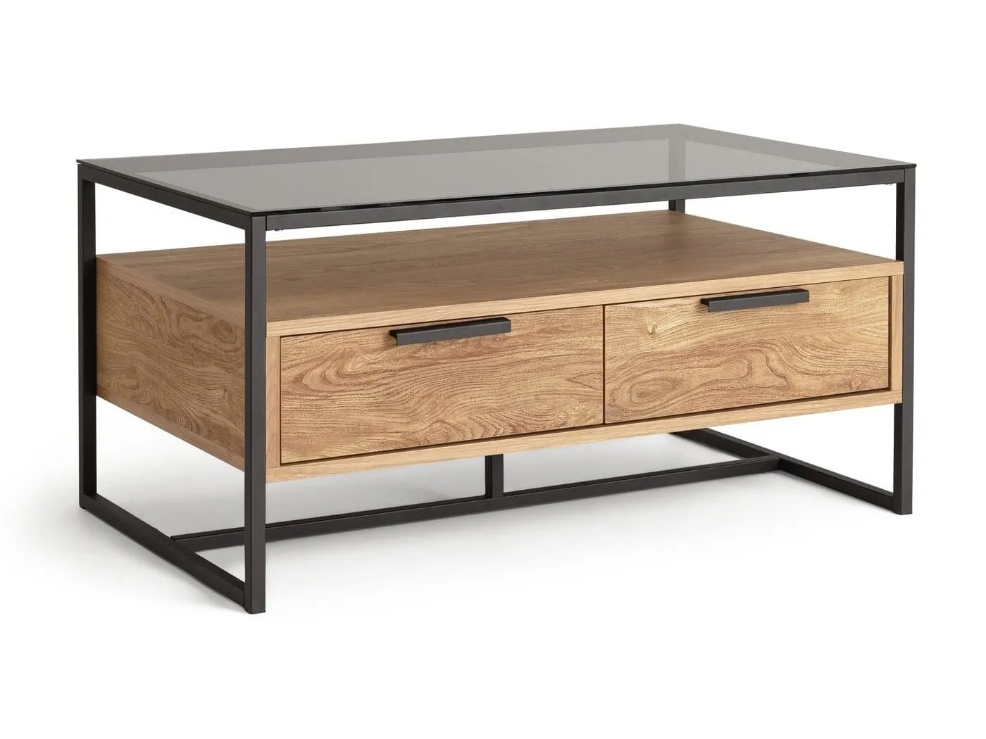 Glass top coffee table with two oak drawers and a black metal frame