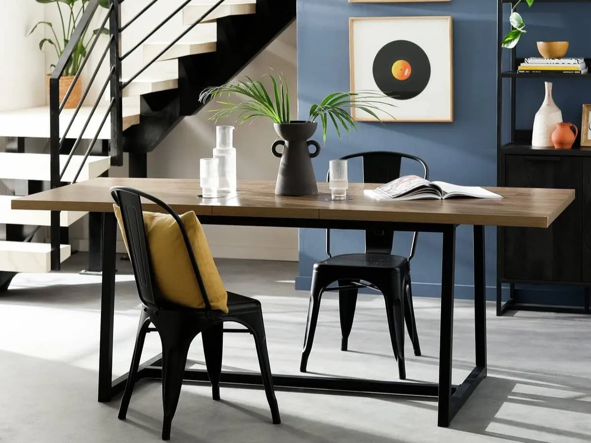 Oak effect dining table with black legs