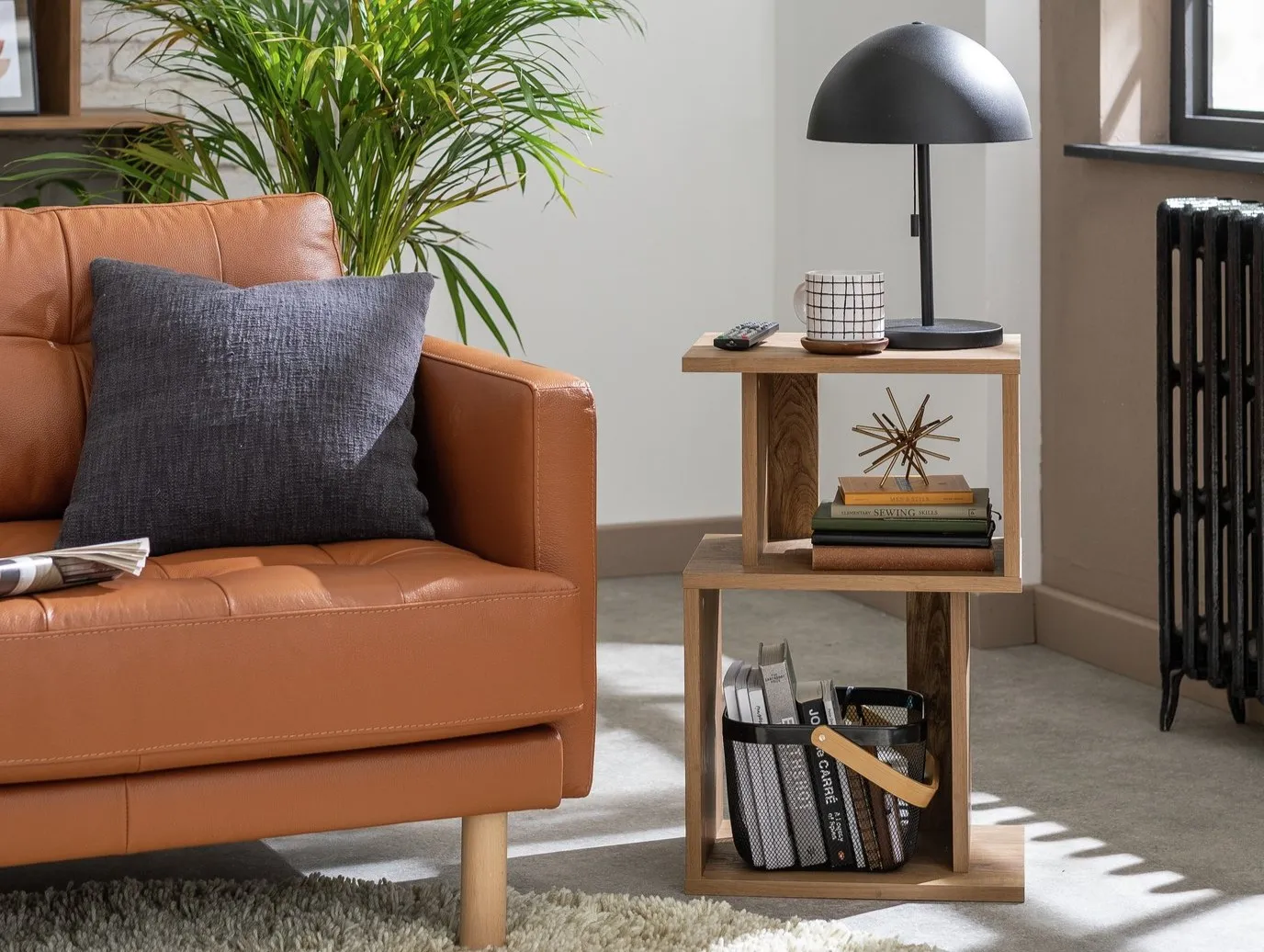 2-tier offset style bookcase with oak finish
