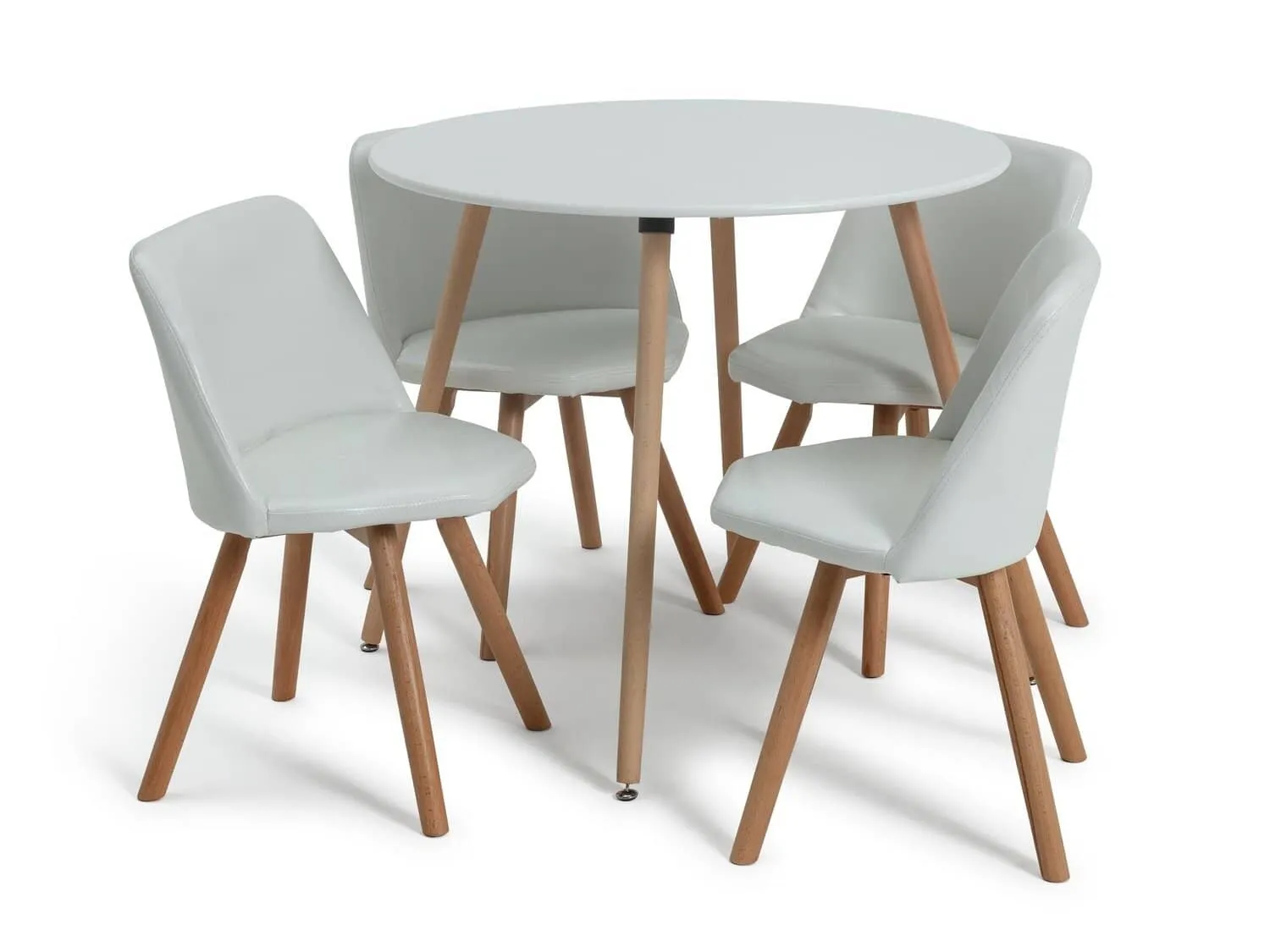 Round grey-painted dining table and 4 matching chairs