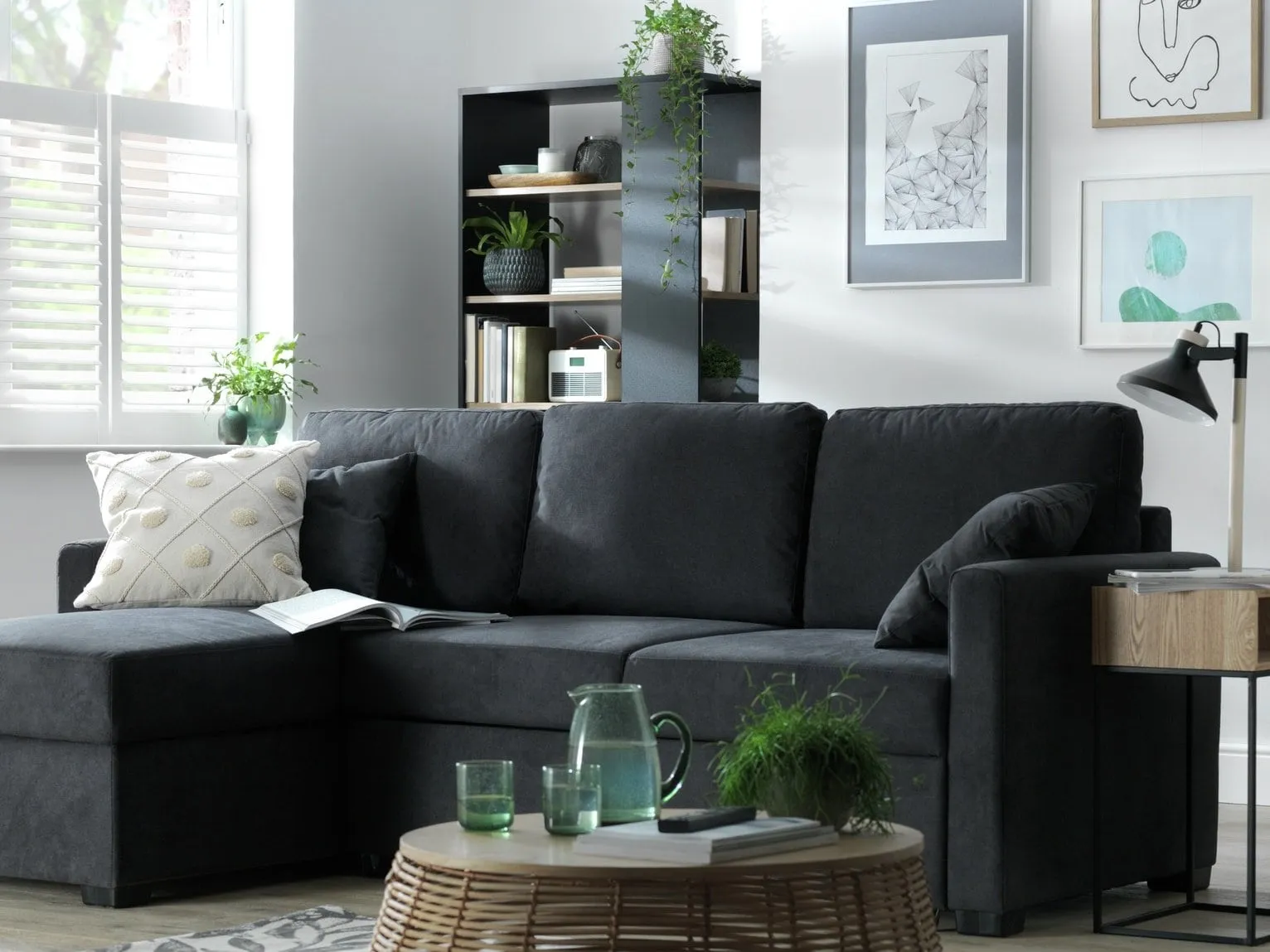 Charcoal fabric chaise end sofa bed