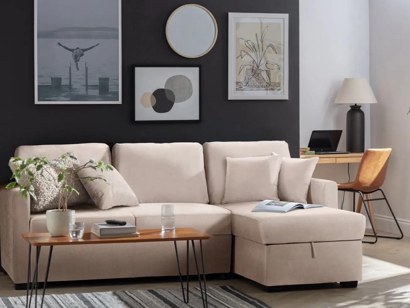 Taupe fabric corner sofa bed