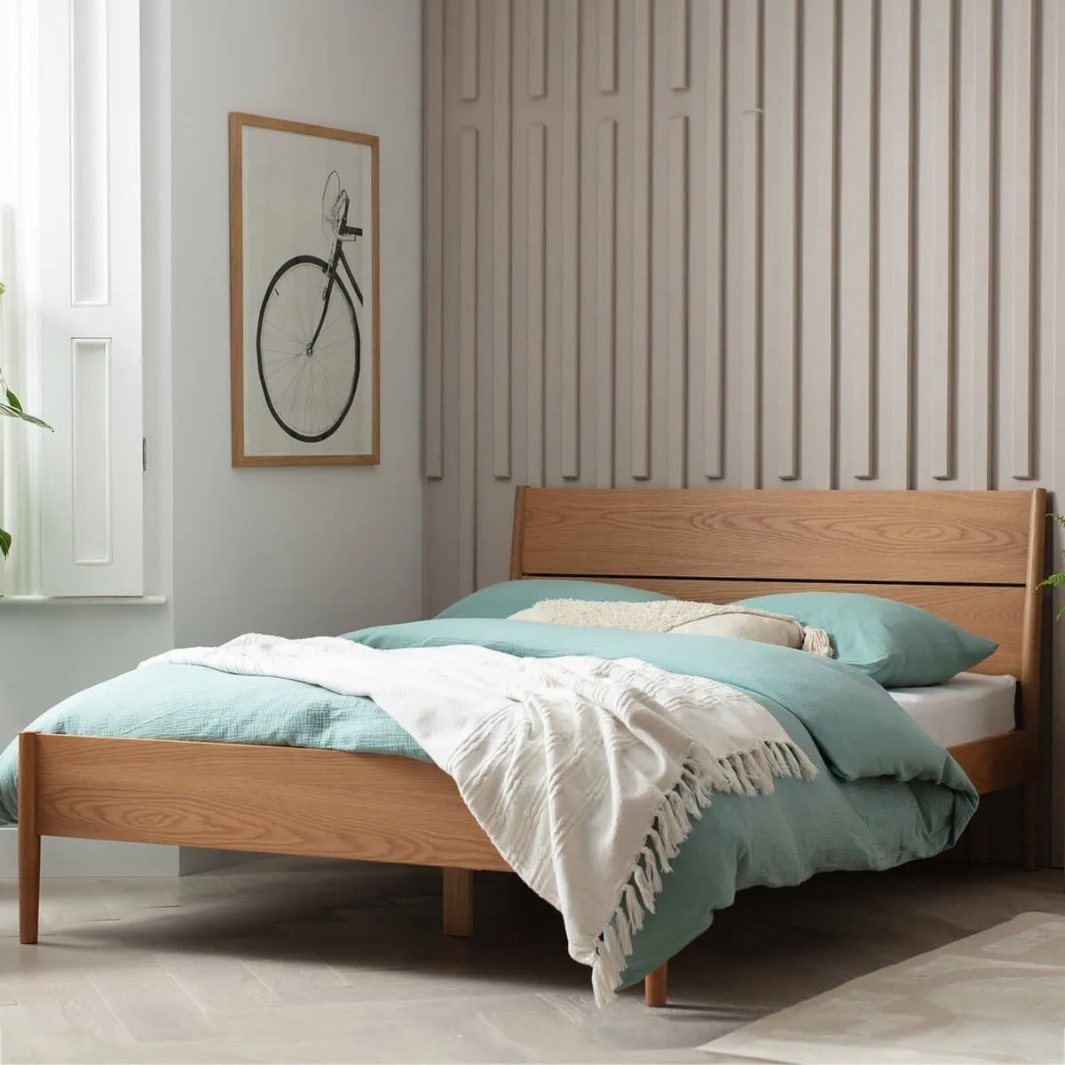 Low-slung wooden bed frame