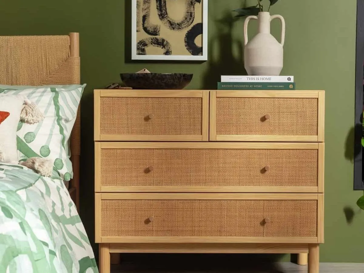 Pine 4 drawer chest with woven rattan drawer fronts