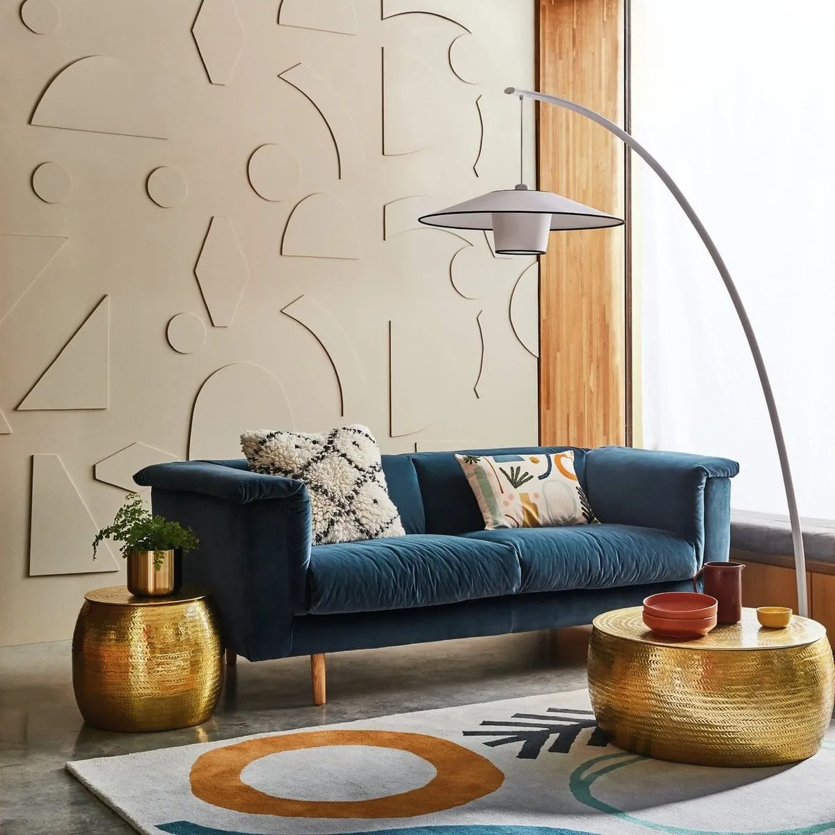 Round etched brass finish coffee table and matching side table