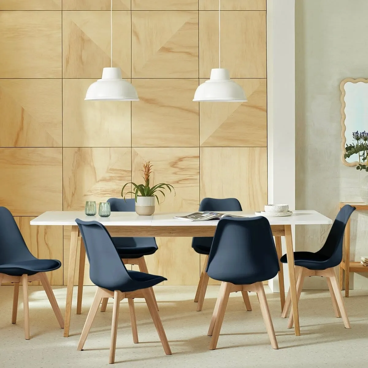 White dining table and 6 blue chairs