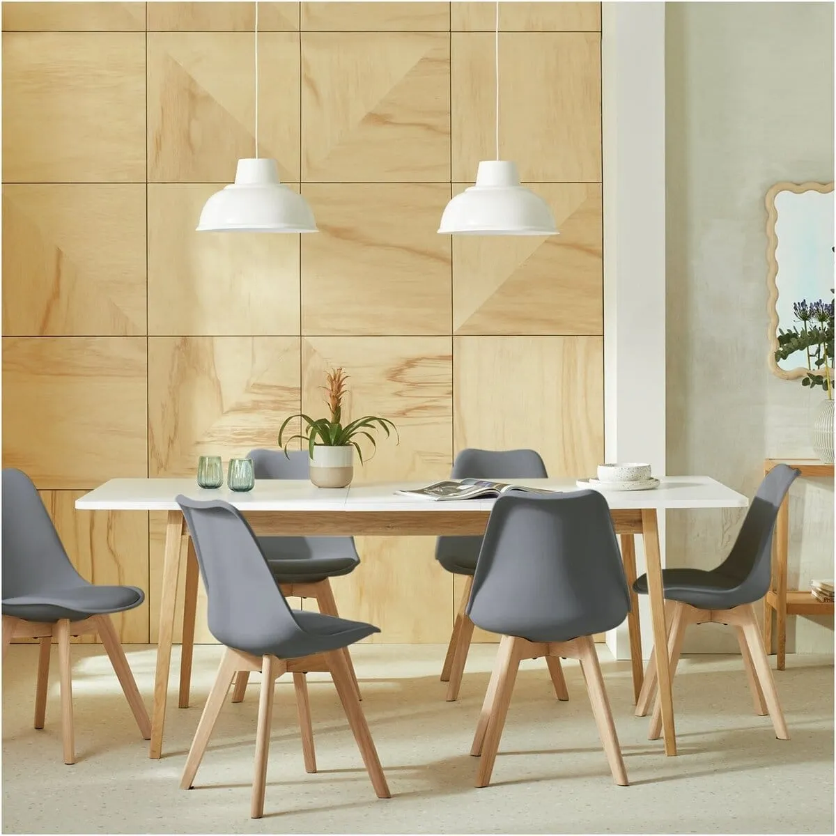 White dining table and 6 grey chairs