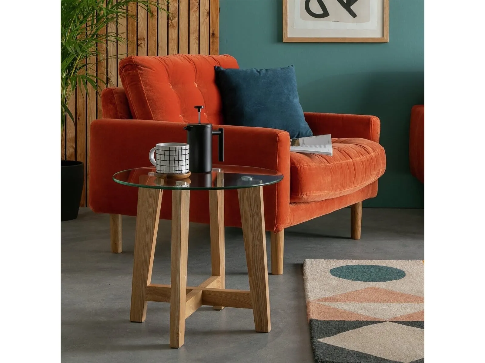 Round wood frame side table with glass top
