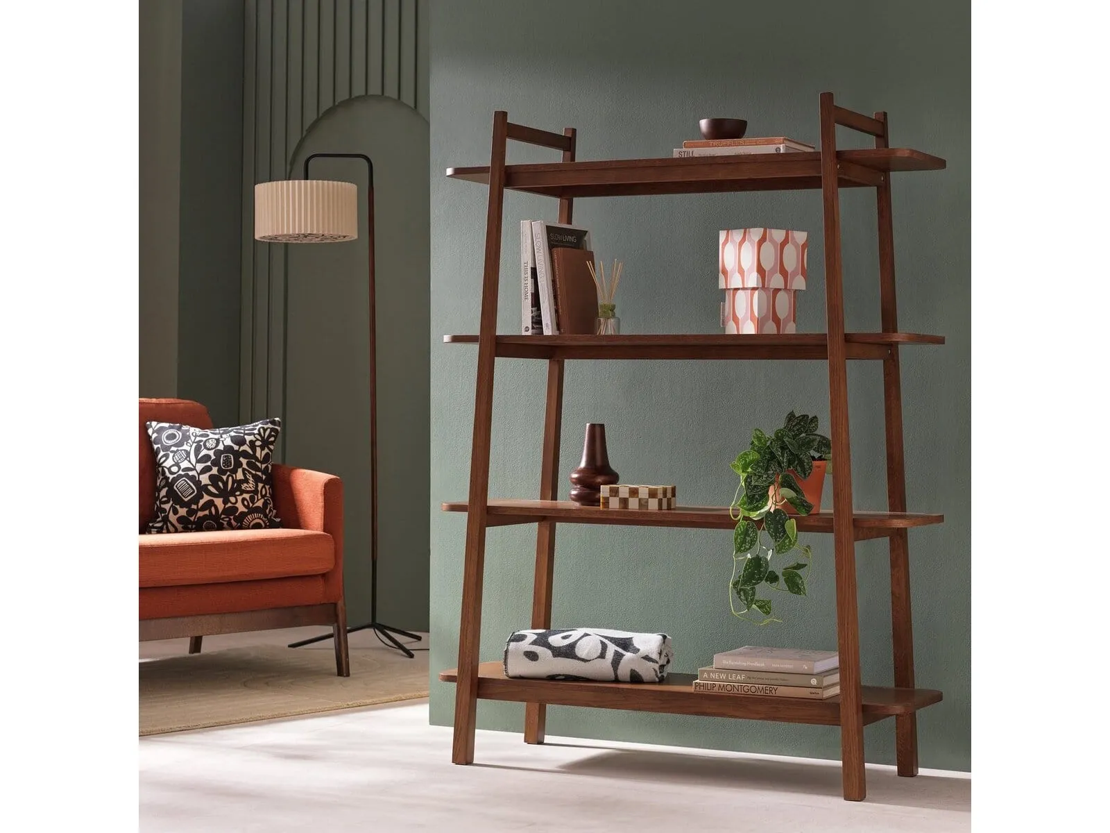 Mid-Century style walnut 4-tier shelving unit with sloped frame