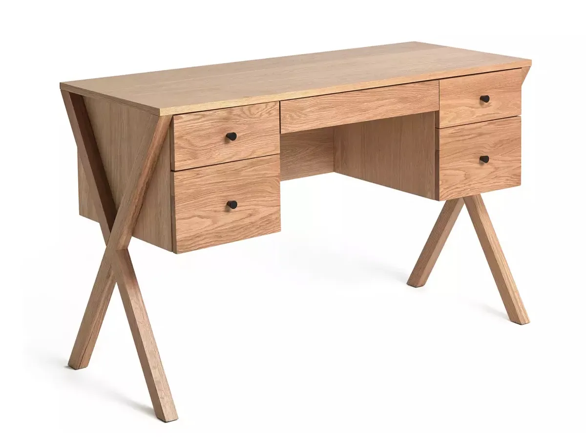 Oak grain desk with 5 drawers and x frame