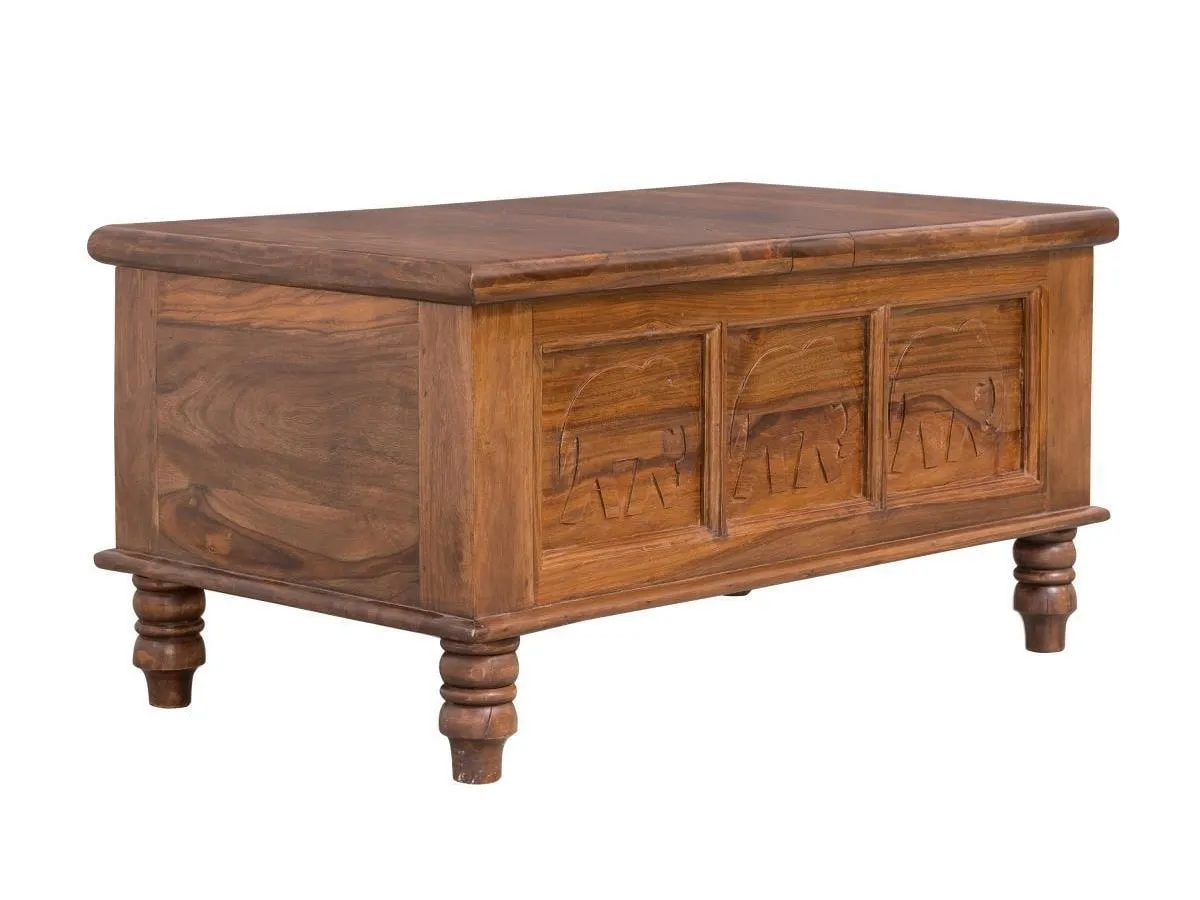 Sheesham wood storage table with carved elephants pattern