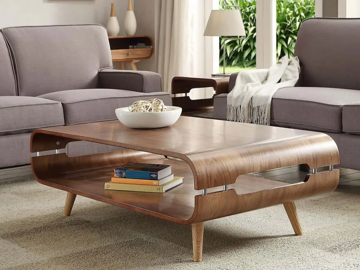 Curved top coffee table with walnut veneer finish