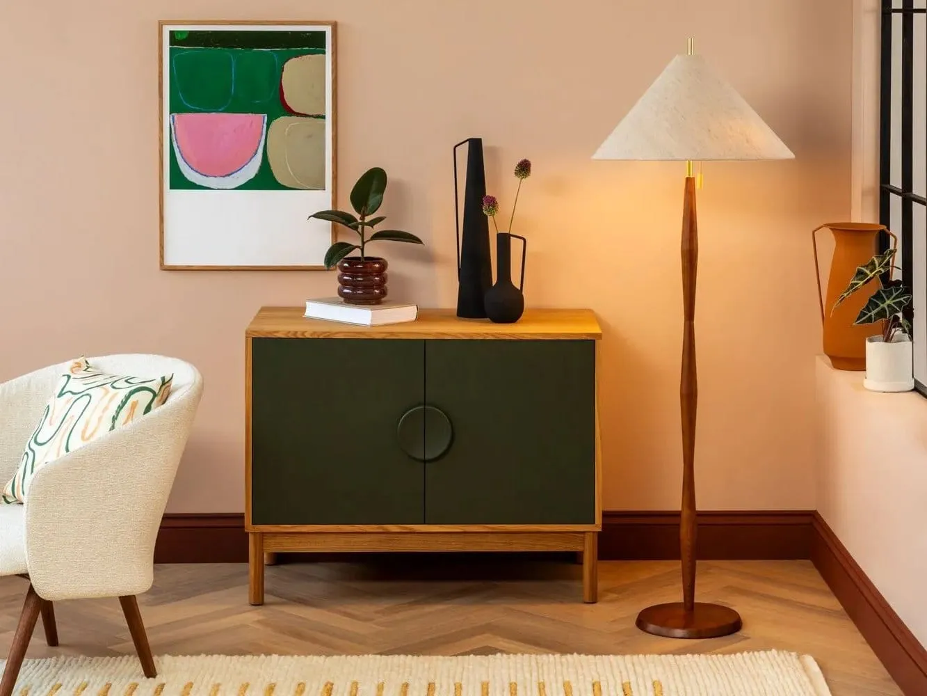 Oak frame 2-door sideboard with green doors