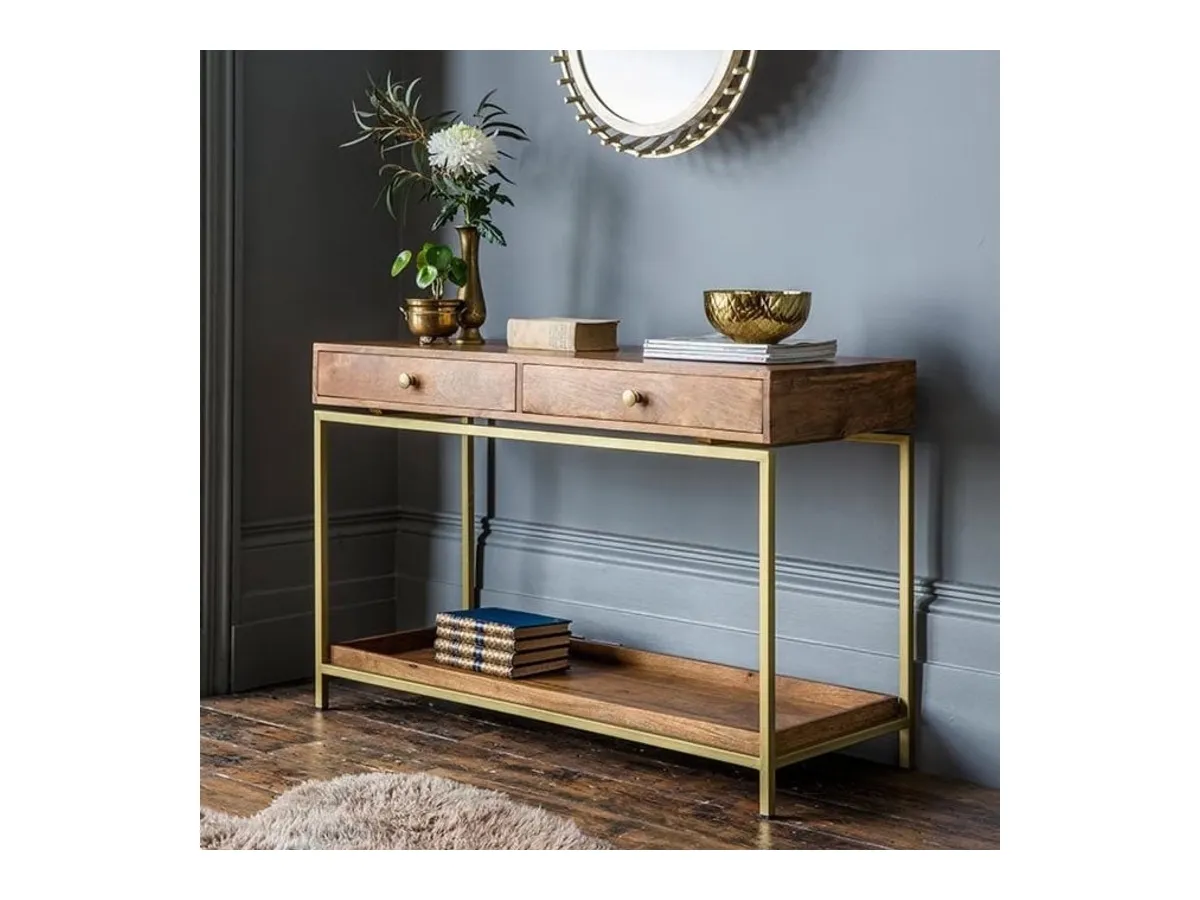 2-drawer mango console table with brass frame