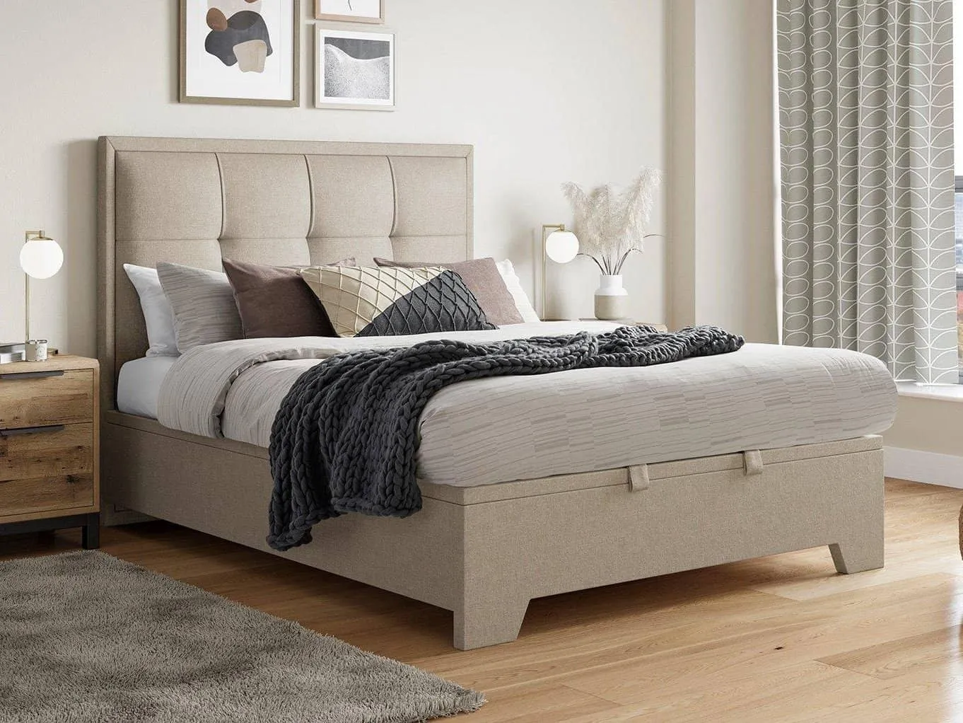 Fabric upholstered bedframe with large padded headboard