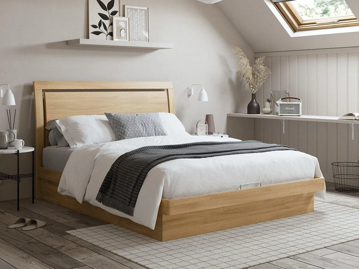 Wooden ottoman bed frame with large storage area in the base