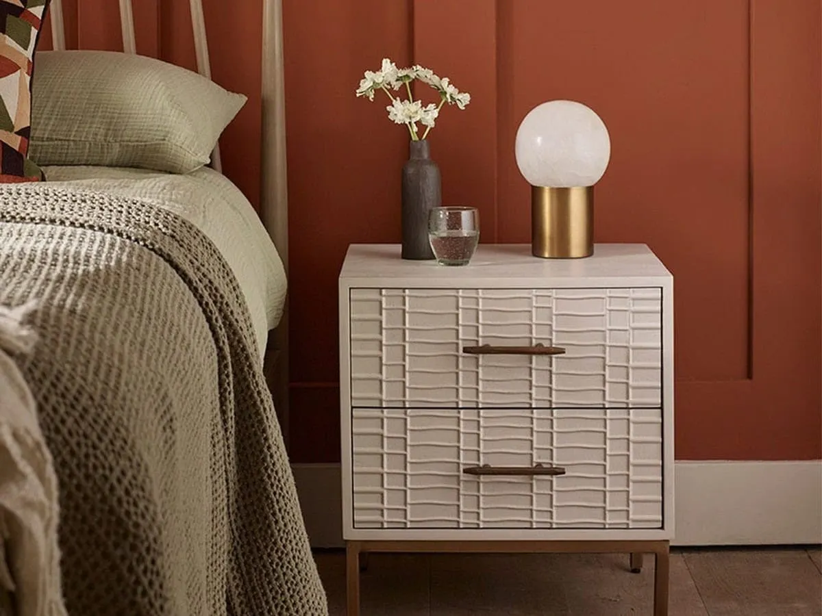White painted bedside drawers with textured pattern finish