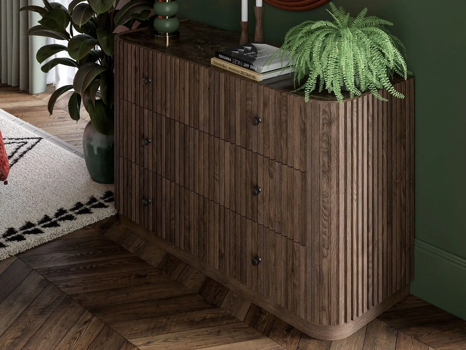 Dark rounded drawer chest with slatted finish