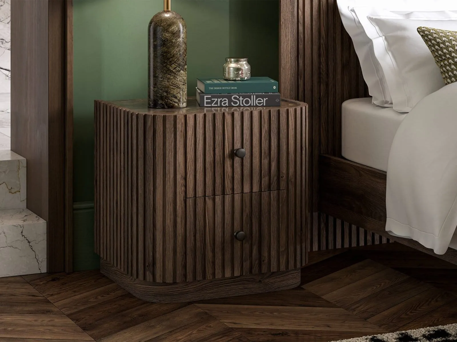 Dark oak bedside with rounded edges and slatted finish