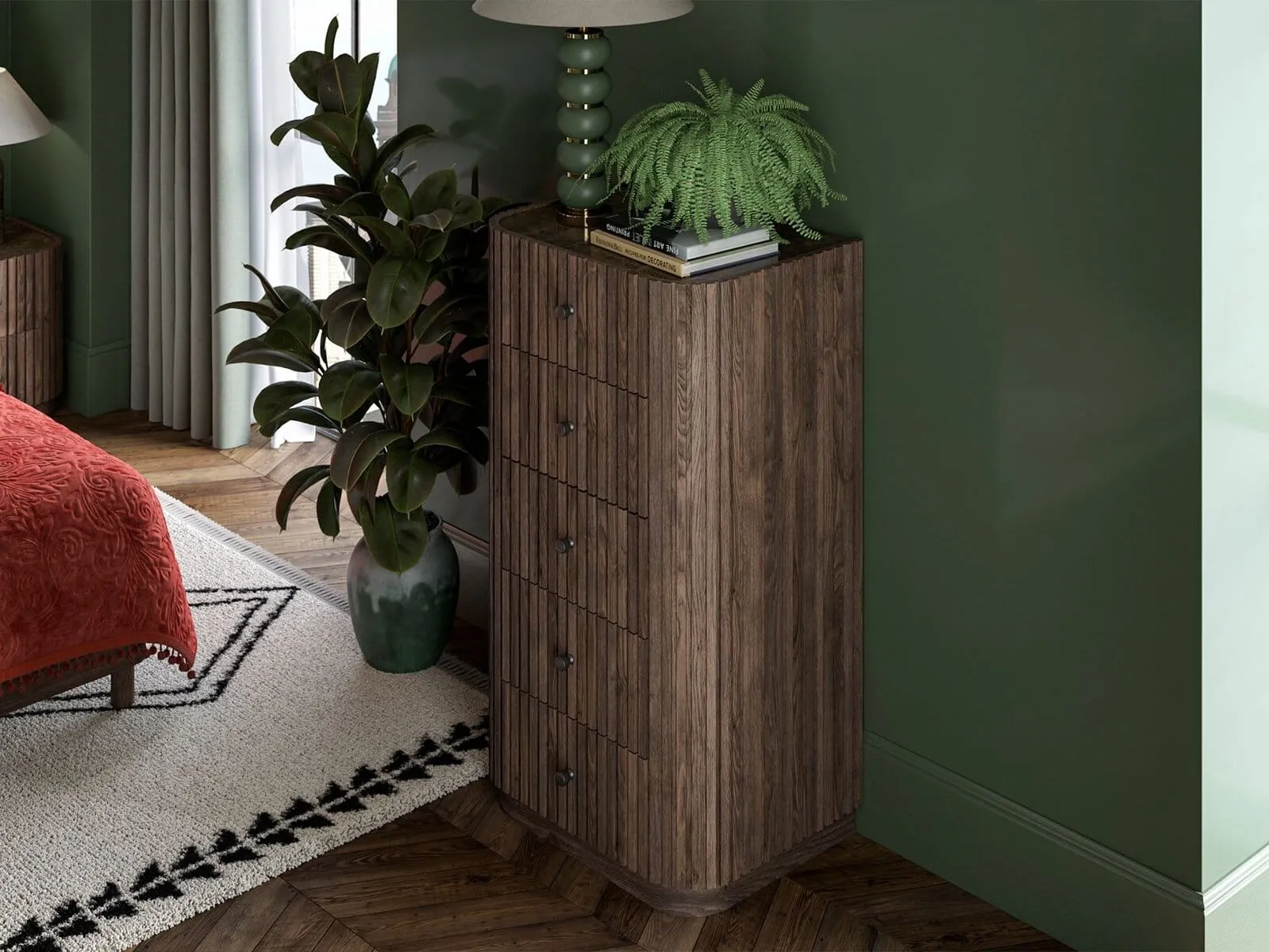 Dark wood slatted tallboy with drawers