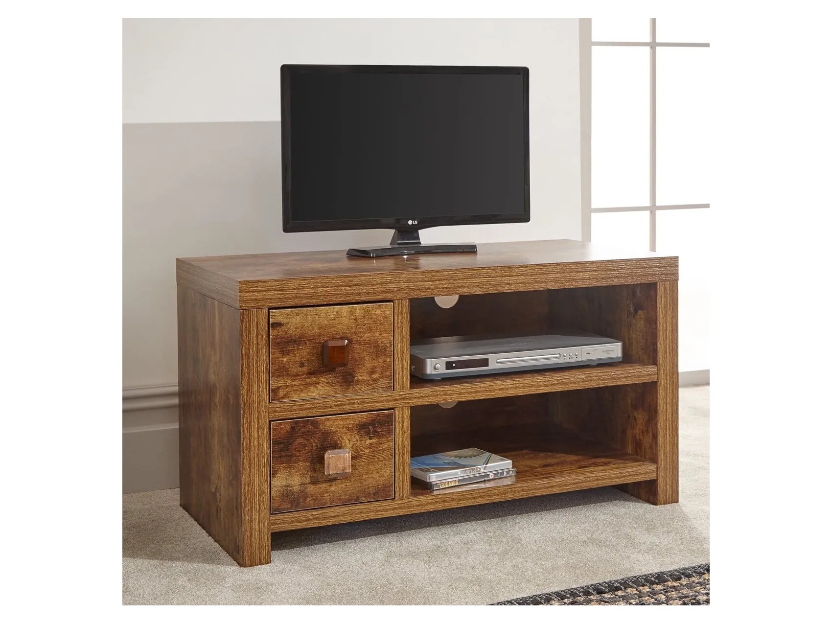 Mango effect 2 drawer tv unit with a pair of open shelves