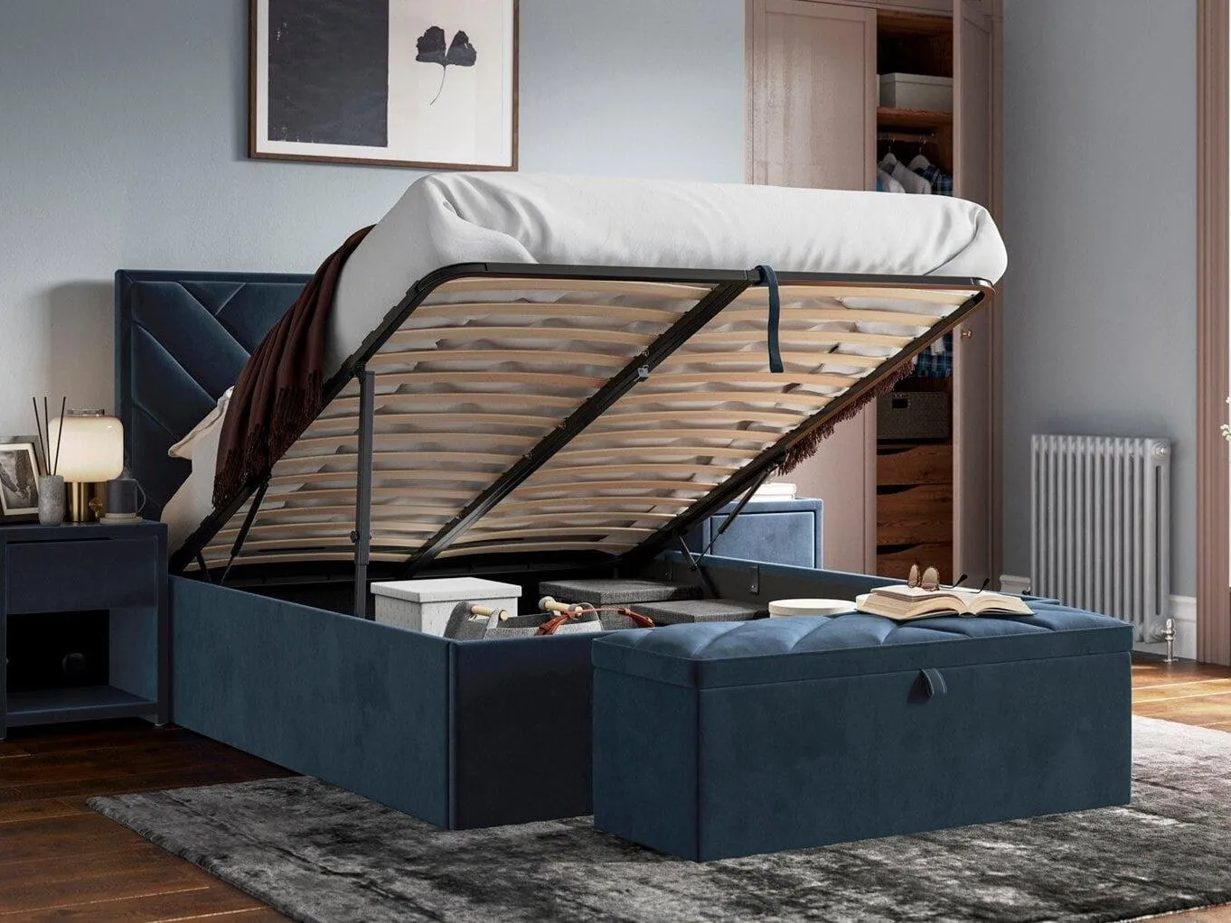 Blue velvet ottoman storage bed