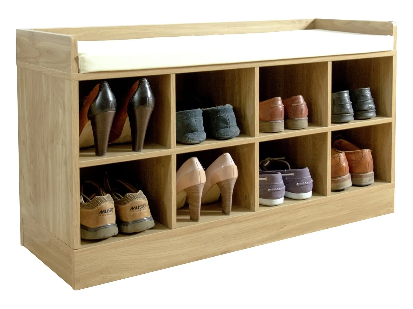 Oak finish shoe bench with cream seat cushion