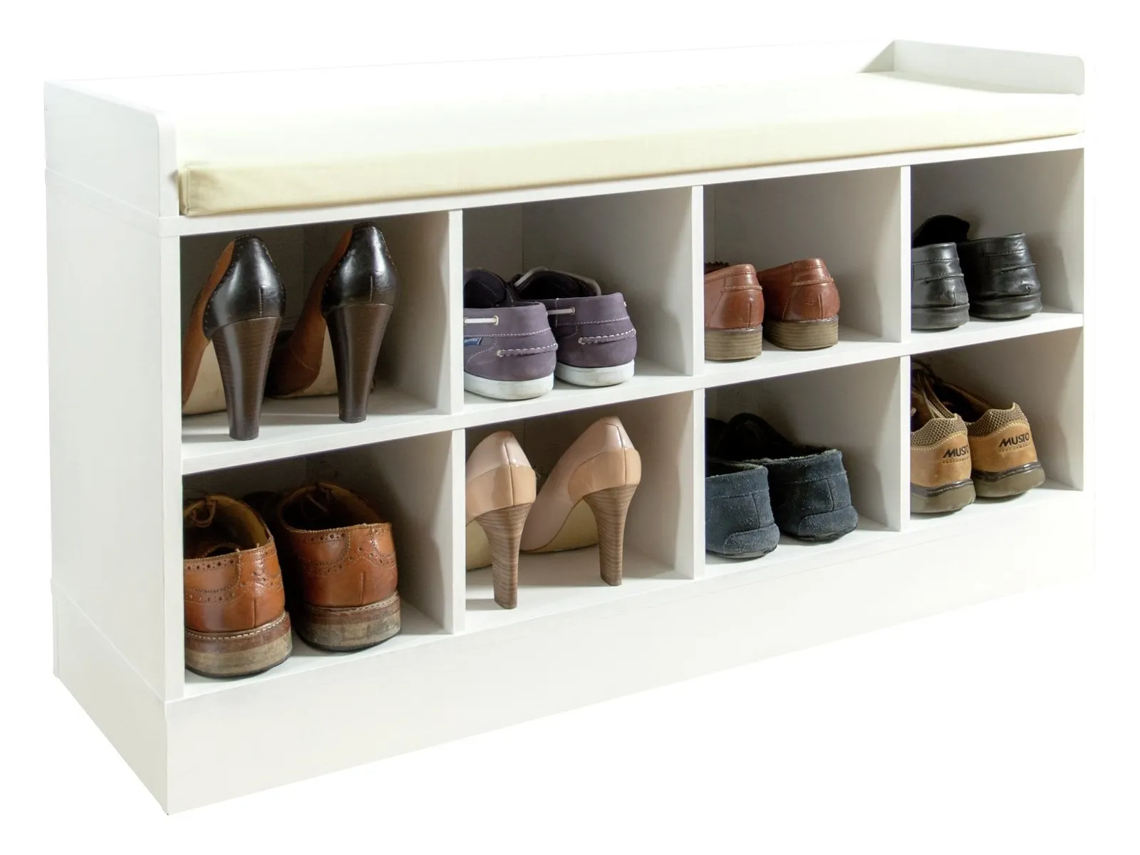 White-painted shoe bench with seat cushion